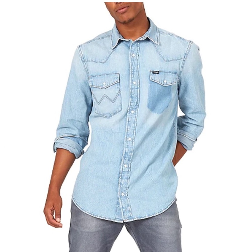 Men’s Wrangler Western Denim Work Shirt - Rip Away Bleach